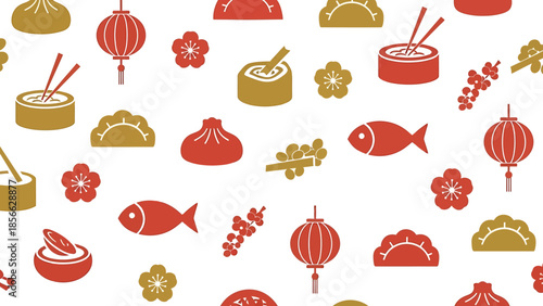 Festive Asian Cultural Vector Pattern Design with Traditional Lanterns, Dumplings, and Cherry Blossom Motifs on a Seamless Background