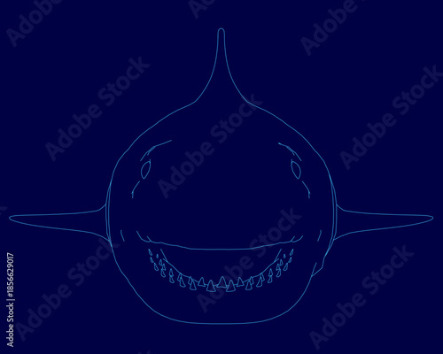 A great white shark with a distinctive contour swims against a dark blue background, displaying a wide and friendly smile. Front view