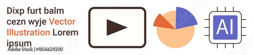 Media playback, data visualization, artificial intelligence, technology, statistics, innovation. Play button, pie chart and AI chip icons. Media playback and data visualization concept