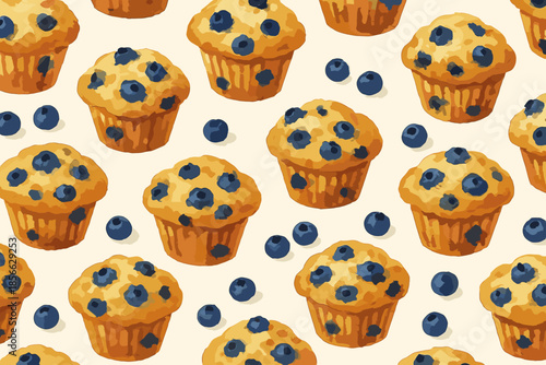 Blueberry muffins decorated on a light background with scattered blueberries and muffins shown in different positions and sizes