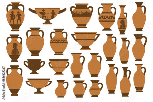 Various ancient pottery styles displayed in a grid with different shapes and designs