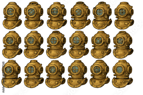 Diving helmets arranged in a grid pattern showing details and design from an underwater exploration era