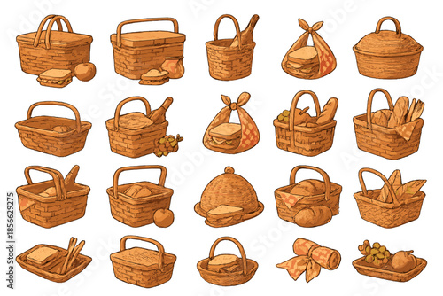 Various woven baskets with food items including bread, fruits, and pastries arranged in a clear display showing different shapes and sizes