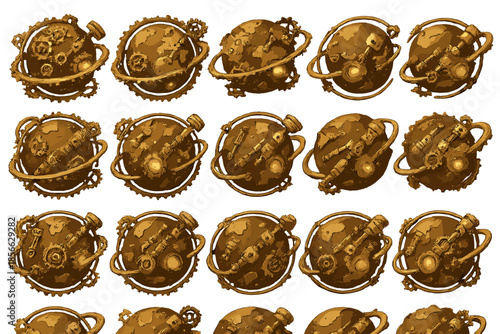 Multiple steampunk planets with gears and lights arranged in rows on a white background