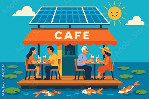 Visitors enjoy drinks at a sunny cafe on a dock surrounded by water and fish under a bright blue sky with clouds