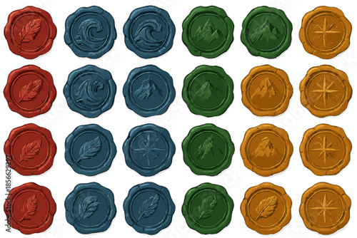 Unique wax seals with various designs arranged in a grid pattern on a white background