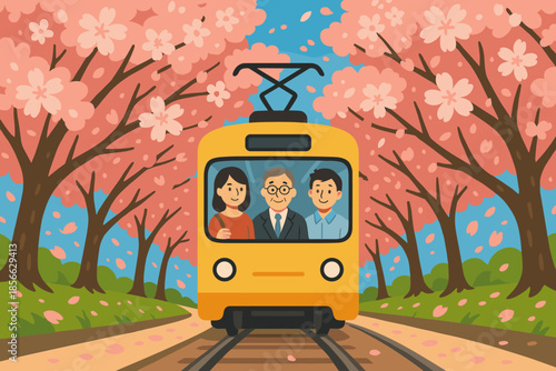 Train travels through cherry blossom trees with three people smiling on a sunny day in spring season