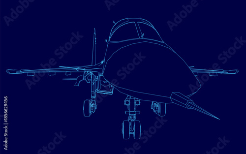 Detailed blueprint of a military fighter jet, featuring its full wingspan and tail fins in sharp contour lines against a solid blue background.