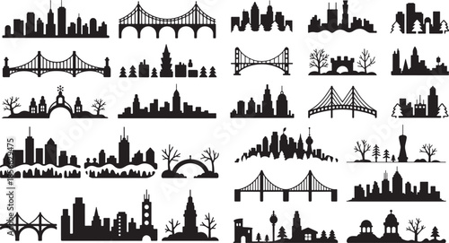 Black silhouettes of city skylines and bridges on white background