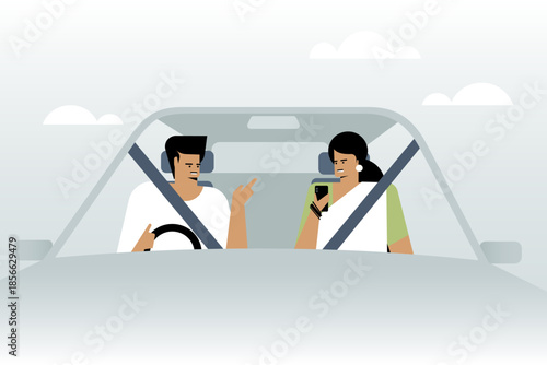 Illustration of a Indian couple traveling by car, representing commuting, relationships, and daily life