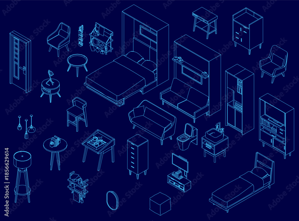 Fototapeta premium Isometric furniture set in blue includes a bed, chairs, tables, and cupboards. The clean contour design presents a complete interior objects collection. Isometric view