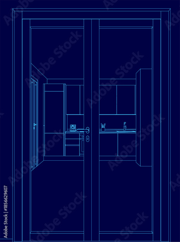 A kitchen blueprint with a double door, featuring a sink, tap, and detailed cupboards in clean contour lines.