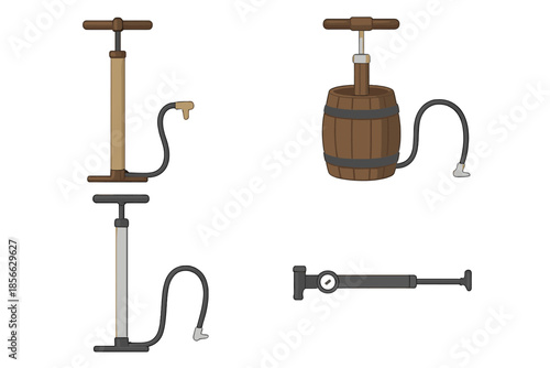 Tools for inflating and transferring liquids found in various settings like workshops or farms