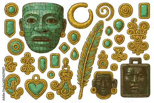 Ancient symbols and artifacts from a historical culture with intricate designs and varied shapes on a light background