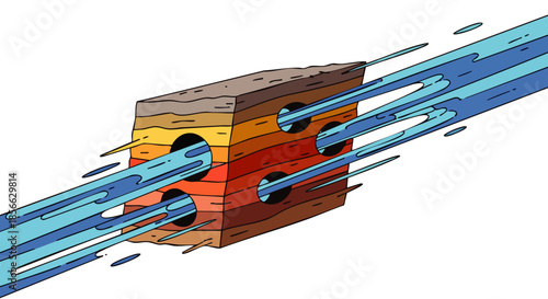 Abstract illustration of water flowing through a layered geological formation with circular openings on a white background.