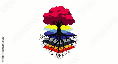 Stylized tree with vibrant red leaves and layered roots symbolizing growth, connection, and diverse foundations on a white background.