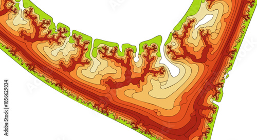 An intricate abstract illustration depicting a complex fractal topographical map with vibrant color gradients, showcasing a detailed scientific visualization of a natural landscape.