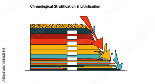 This scientific diagram illustrates the geological process of chronological stratification and lithification, showing layers of sediment forming over time under pressure.