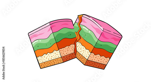 A colorful illustration depicts a geological fault line splitting two layered earth blocks, symbolizing tectonic plate movement and seismic activity.