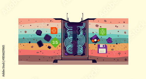 A colorful illustration depicts a subterranean digital data network, vintage tech elements, and cables within geological layers, symbolizing hidden information.