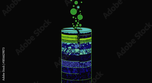 An intricate cross-section of earth's layers with a deep fissure releasing glowing green emissions, highlighting environmental pollution and degradation.