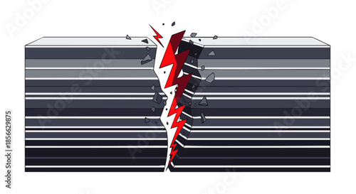 A powerful red lightning bolt dramatically splits a layered gray block, symbolizing a sudden break, crisis, or significant structural failure.