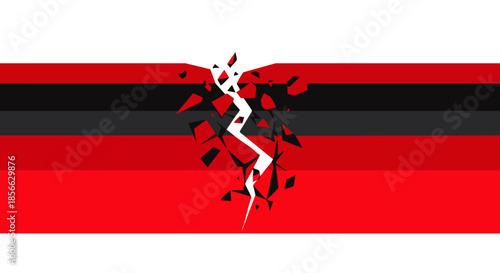 A dramatic visual representation of a broken system or fractured society, depicted with shattering red and black stripes against a white background.