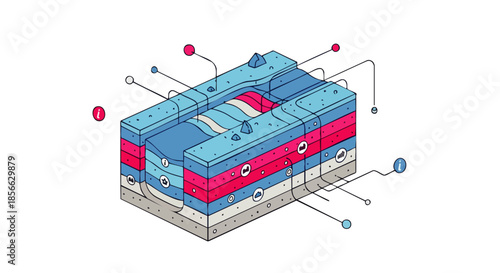 A compelling isometric illustration details complex geological strata, featuring distinct layers and data points to visualize Earth's subsurface structure for scientific study.