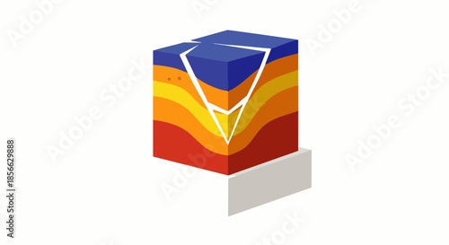 Vibrant abstract illustration of stratified earth layers, revealing a deep tectonic fault line, symbolizing seismic activity and geological studies.