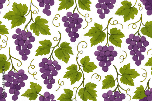 Grapes and leaves pattern on white background showing a design featuring purple grapes and green vines