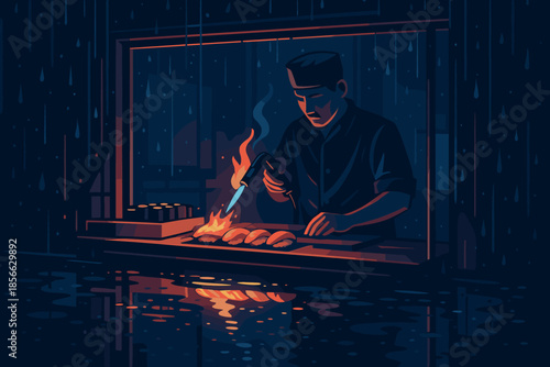 Cook prepares food with torch at stall during rain on a busy street at night