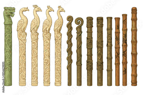 Old wooden and carved flute designs with different shapes and details arranged in a line for display