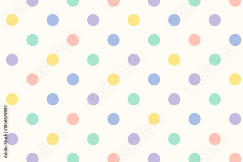 Colorful polka dot pattern fills the background with light pastel shades of blue, pink, yellow, and green across the surface evenly