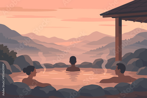 Relaxation in hot spring with mountains and sunset in background with three people enjoying the moment
