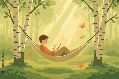 Boy reads a book in a hammock surrounded by trees and butterflies on a sunny day in the forest