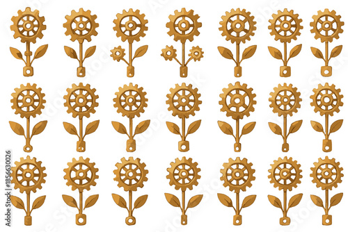 Gear flowers arranged in patterns with metallic tones and leafy designs for decorative purposes in crafting projects