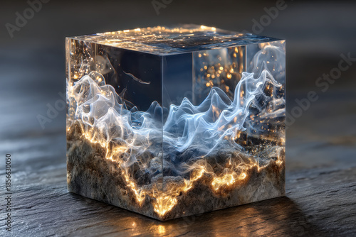 Transparent acrylic cube with layered white smoke fluid creating surreal visual effect on dark stone