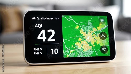 Air quality monitor displaying AQI index in a home environment.