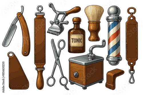 Collection of barber tools and supplies placed on a flat surface showing essentials for hair cutting and grooming