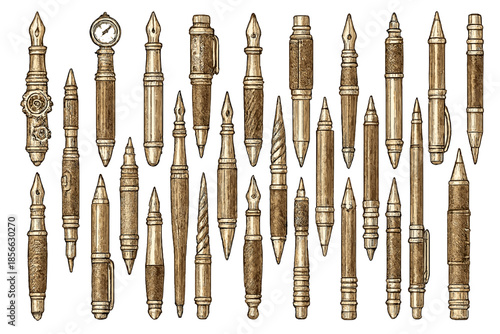 Collection of diverse writing instruments displayed on a plain background showing various designs and shapes from different angles