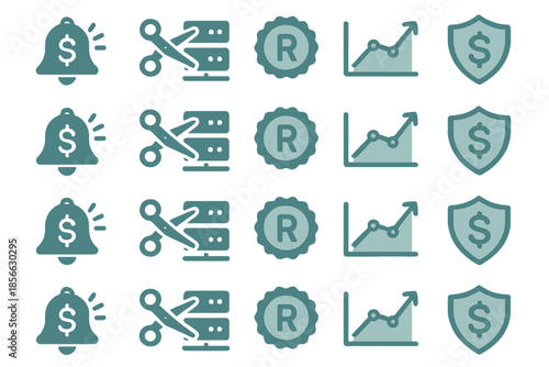Icons representing finance, alerts, and data analysis for business applications