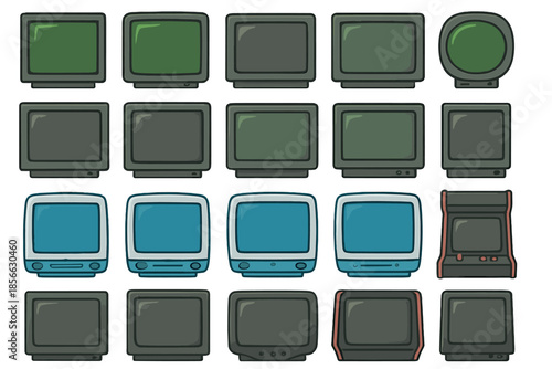 Different types of vintage television sets arranged in rows with various colors and styles