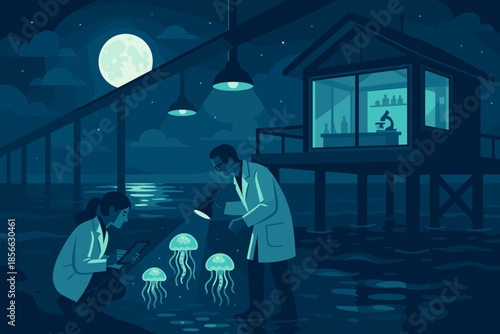 Scientists study glowing jellyfish at night near a pier with a research facility