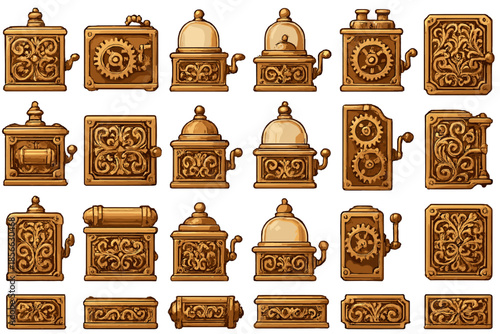 Unique collection of decorative objects with intricate designs displayed on a white background for an art project or design work