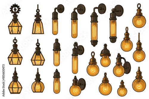 Different types of light fixtures in various designs and shapes arranged in a grid format