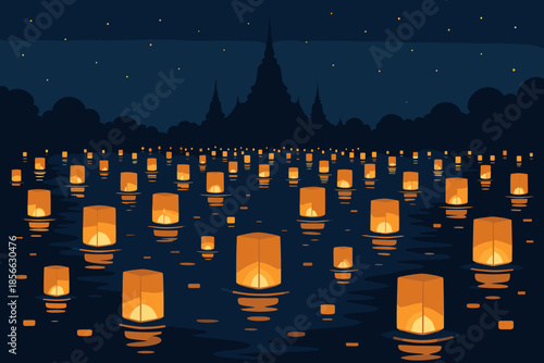 Lanterns floating on water at night with a temple in the background