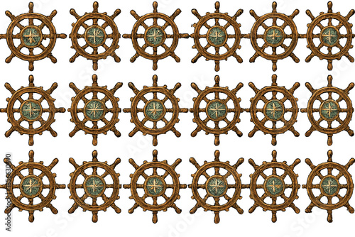 Decoration of round ship steering wheels arranged in rows for display