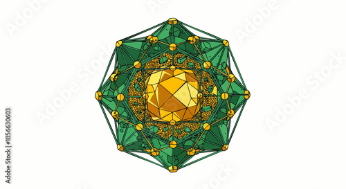 Intricate geometric fractal pattern with vibrant green and golden yellow hues, creating a complex symmetrical design.