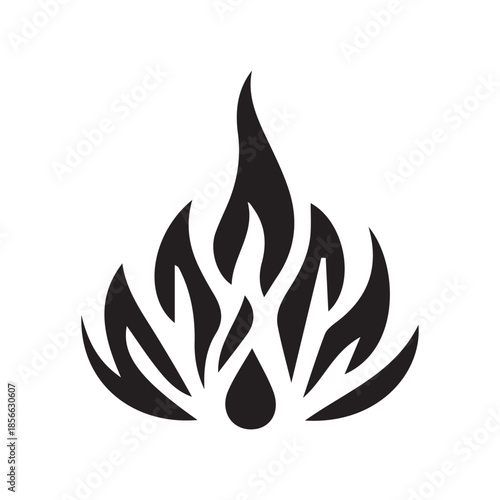 Minimalist black and white fire flame icon on white background