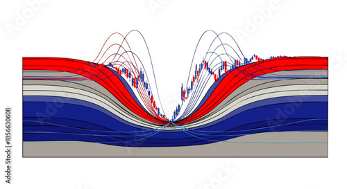 Abstract visualization of fluctuating financial market data showing a sharp decline and recovery with red and blue lines.
